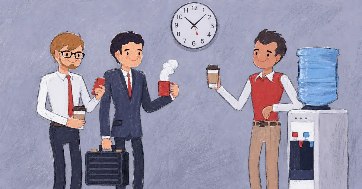 Illustration of three colleagues chatting over coffee around the office water cooler.