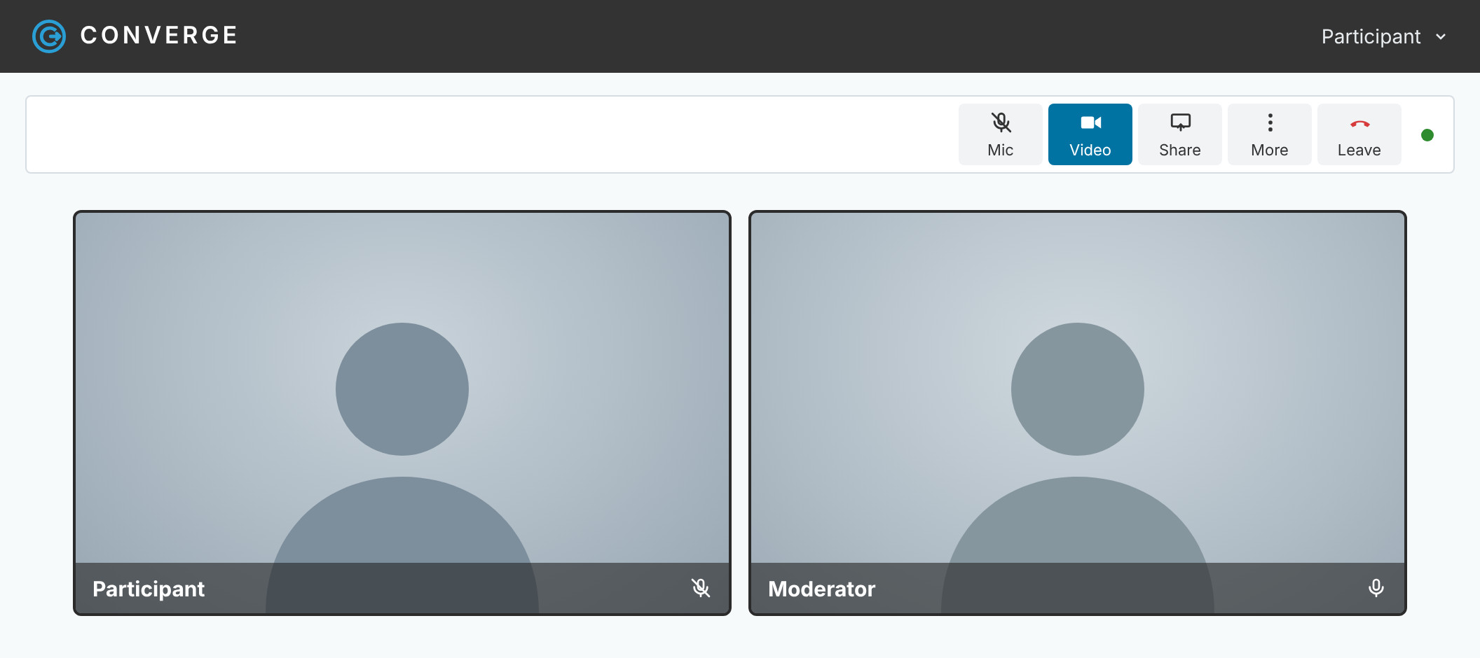 A Converge interview room with the participant and moderator video tiles side by side